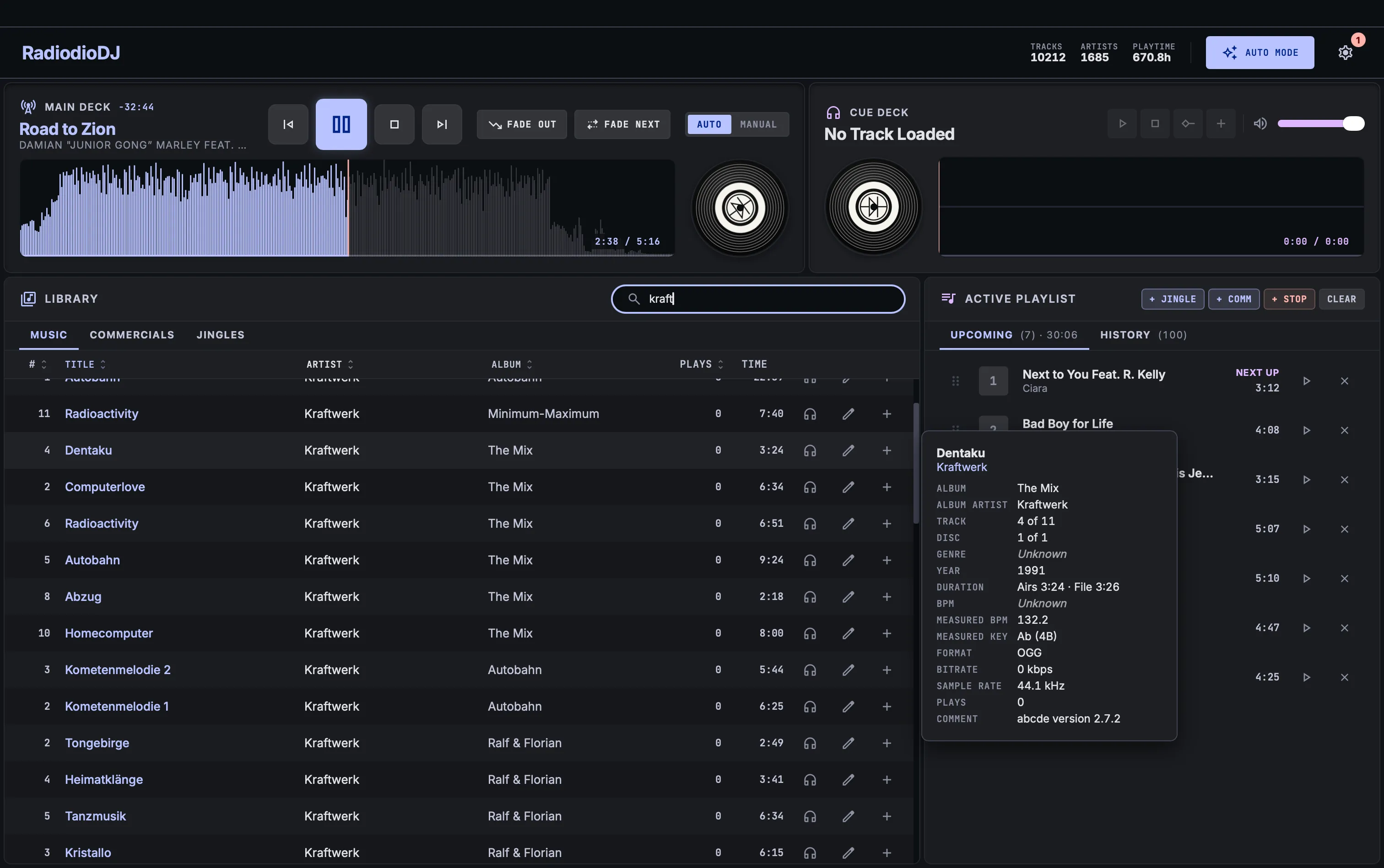 The library filtered by a search, with one track's tags, measured tempo and key shown in a popover