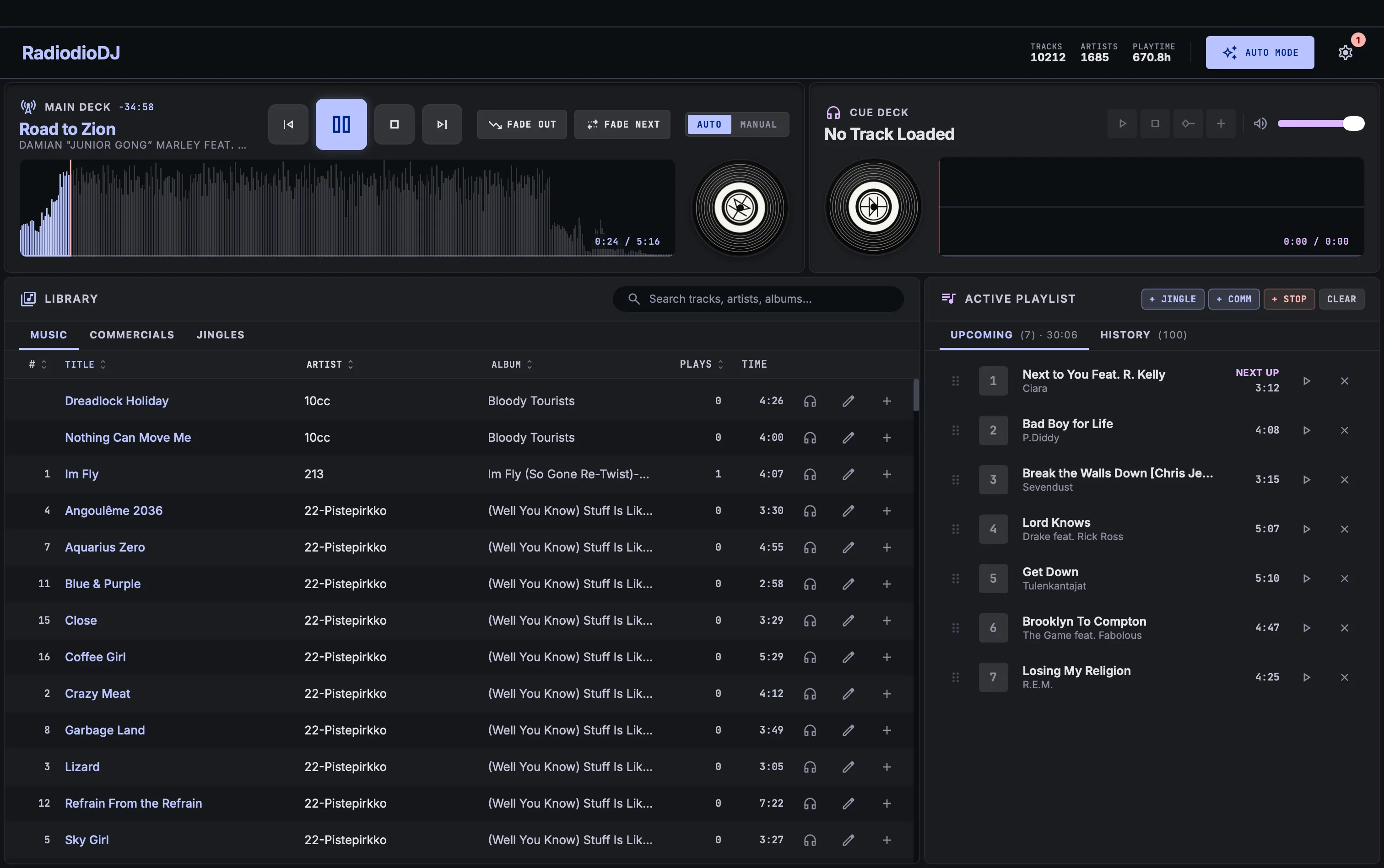 The main window: a track on air with its waveform, the music library, and the upcoming playlist